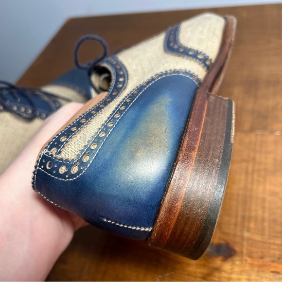 Romano Martegani for Francos handmade brogue oxford blue leather cream linen 9.5 - Picture 8 of 15